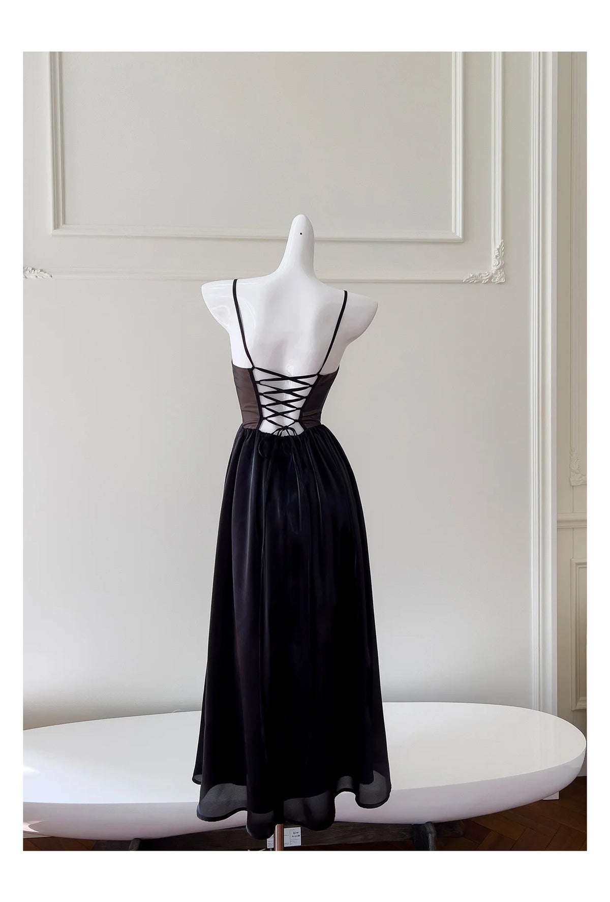Justine's French Black Lace Sling Spliced Ruffles Bandage Backless Dress