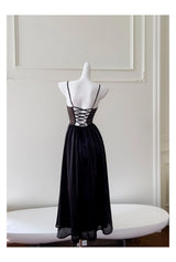 Justine's French Black Lace Sling Spliced Ruffles Bandage Backless Dress