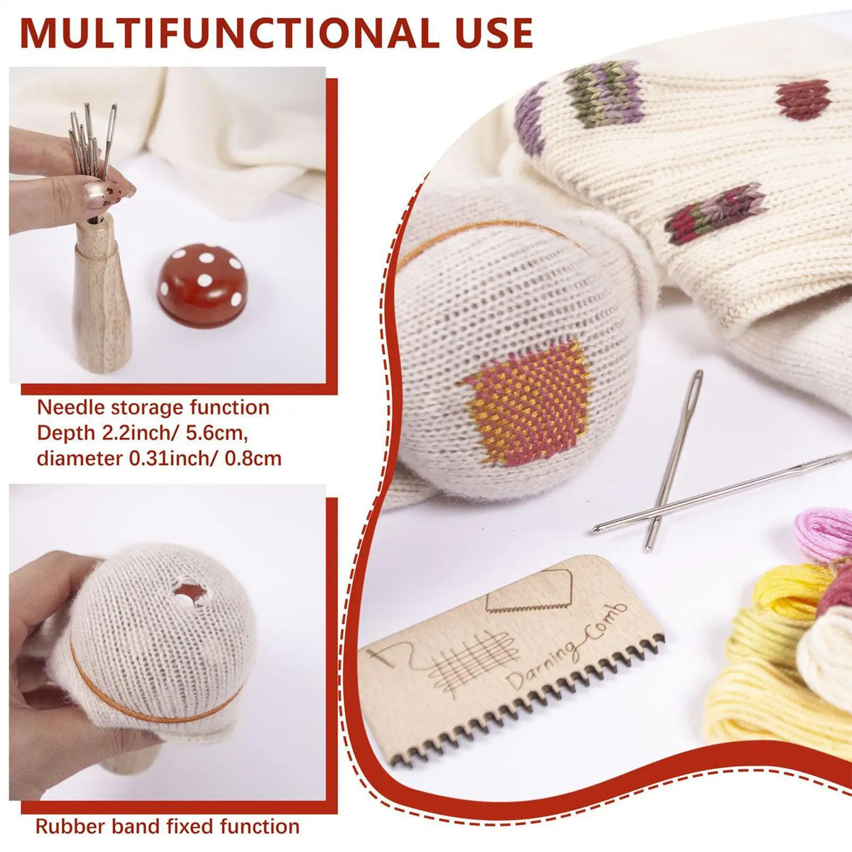 Wooden Mushroom Darning Kit Loom Complete Craft Supplies Sock Repair Kit Mending Tool For Embroidery DIY Crafts Clothes Fabric