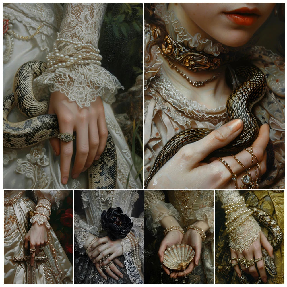Lace, Pearls, Swords, and Snakes, Moody Victorian Art Poster Prints Dark Academia Wall Art Home Decor