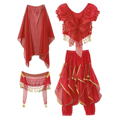 Girls Belly Dance Performance Outfit 4pcs Stage Costume Puff Sleeve Crop Top Ruffled Pants Hip Scarf Headscarf