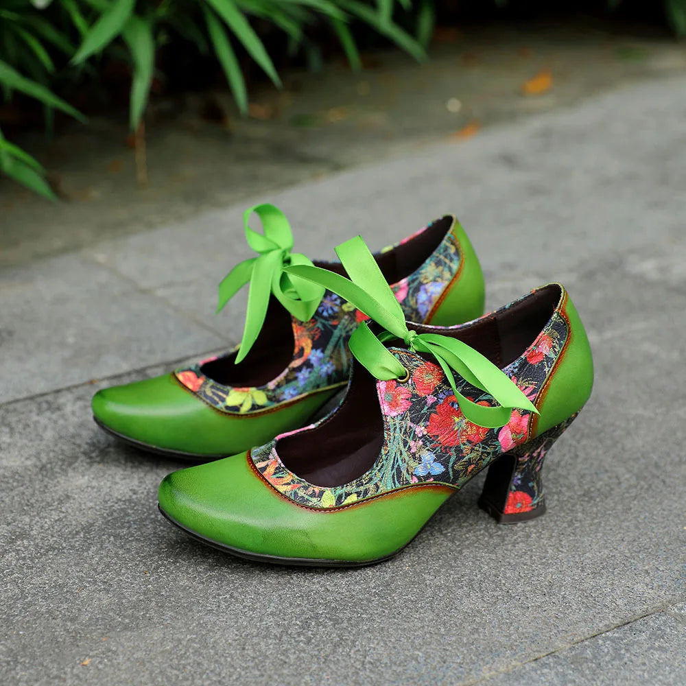 Sarah's Genuine Leather Green Pumps Heels Ribbon Lace Tie Shoes