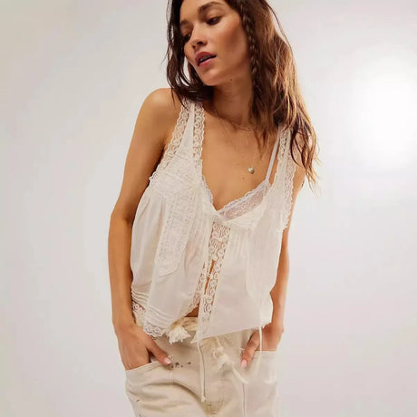 Pip's Summer Cotton Camis Crop Tops Boho Spliced Lace Tank Tops