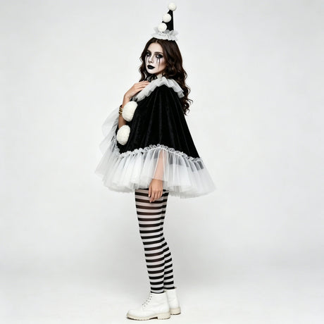 Women Pierrot Clown Costume 3Pcs Halloween Clown Cosplay Set
