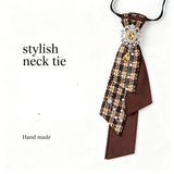 Dark Academia Jabot Plaid Short Necktie Rhinestone Brooch Pearl Chain