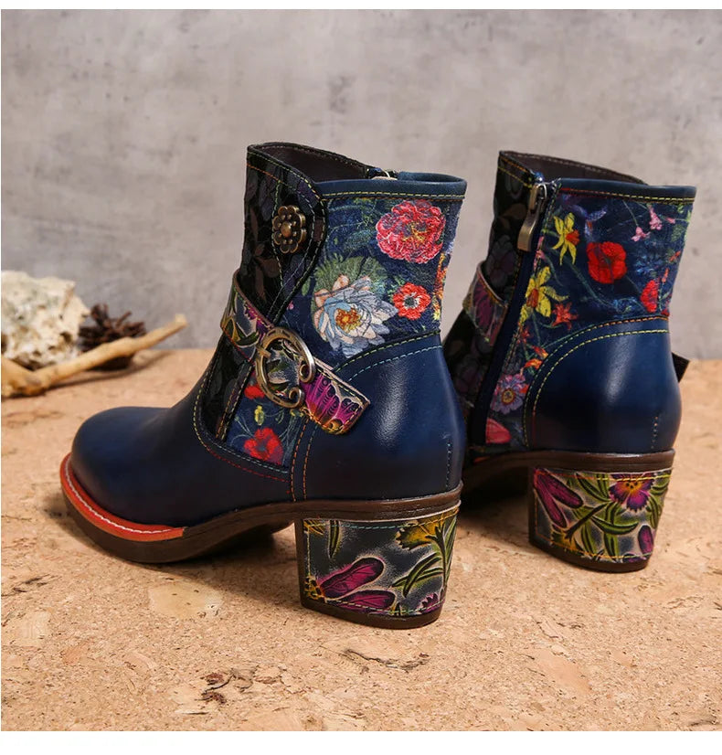 Violet's Floral Boots Genuine Leather Hand-painted Short Boots