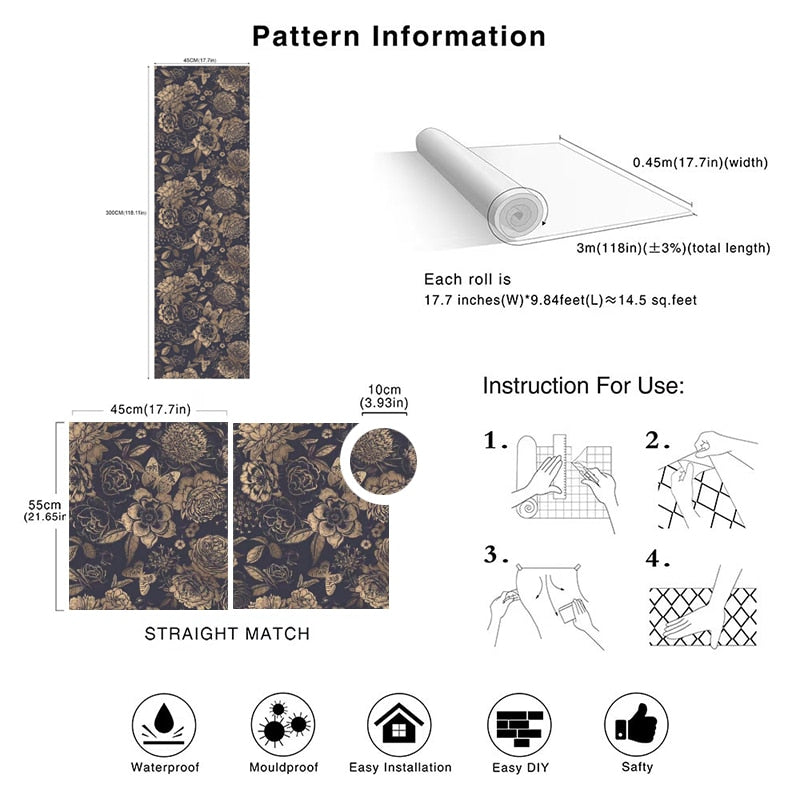 Ink Floral Self Adhesive Wallpaper Black Flower Removable Peel and Stick Wallpaper