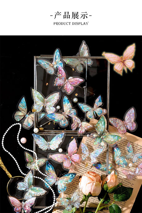 20pcs Ice Crystal Laser Butterfly PET Stickers DIY Scrapbooking Junk Journaling