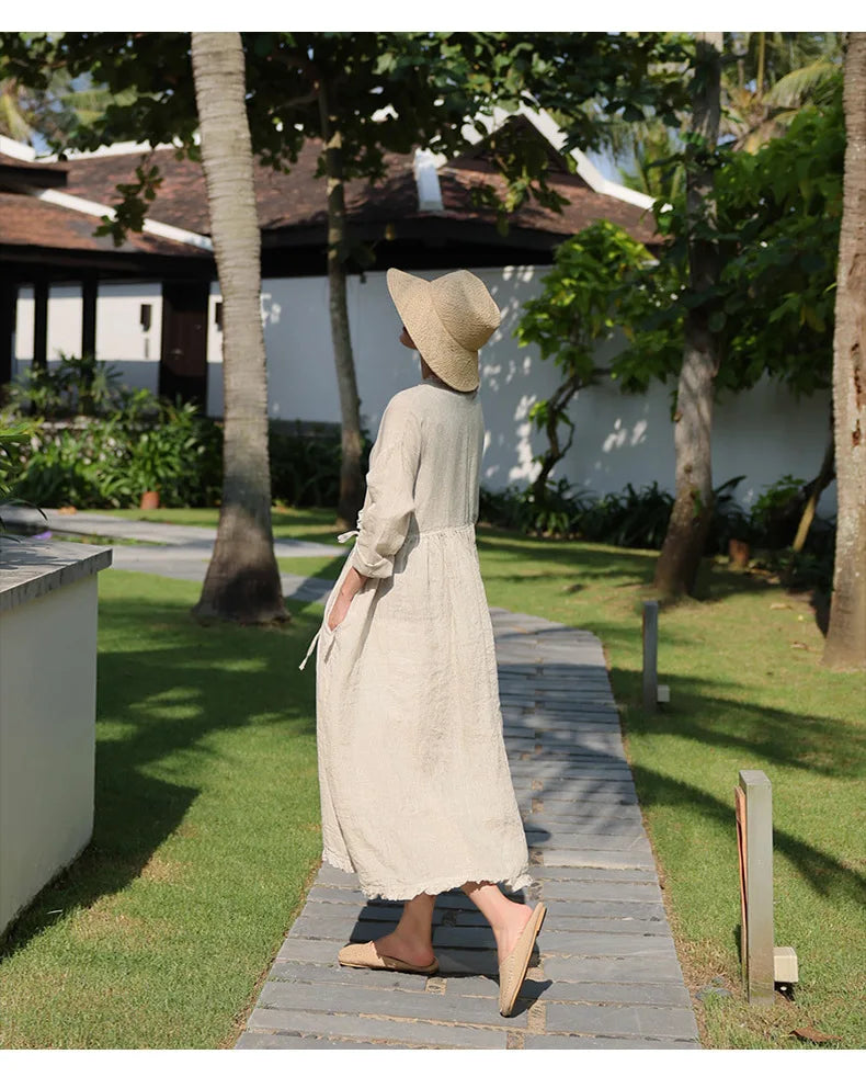 Evie's Vintage French Style Cotton Linen Dress Long Sleeveless Loose Wrap