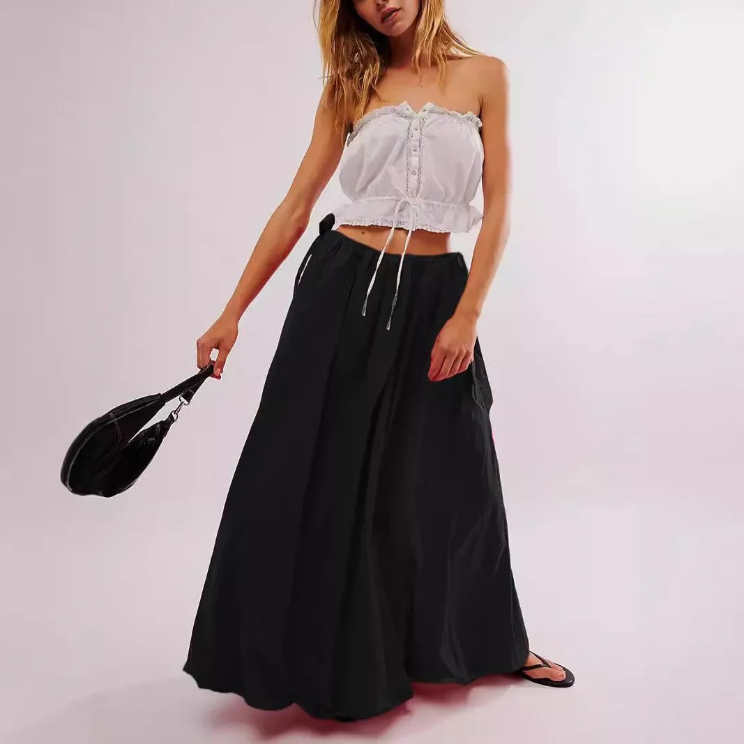 Tara's Boho Skirts Low Waist Solid Colour Lace-up Bow Maxi Skirts