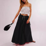 Tara's Boho Skirts Low Waist Solid Colour Lace-up Bow Maxi Skirts