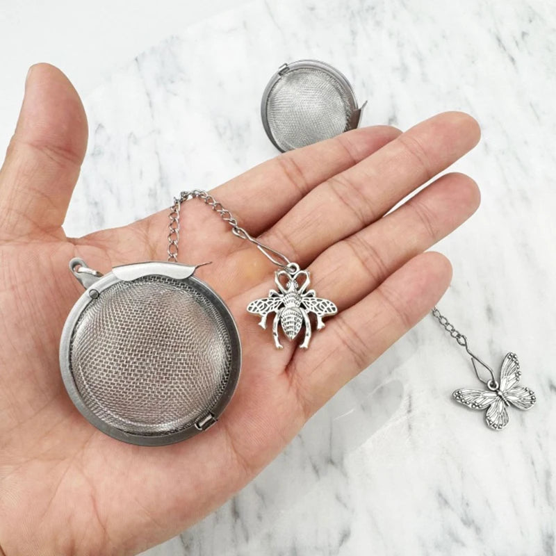 Set of Two Stainless Steel Tea Infusers Butterfly Bee Charm Chain Mesh Ball Tea Strainer