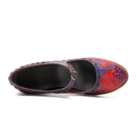 Sally's Embossed Genuine Leather Red Pump Heels Shoes