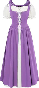 Medieval Cosplay Costume Women Two Layer Lace Up Bodice Dress