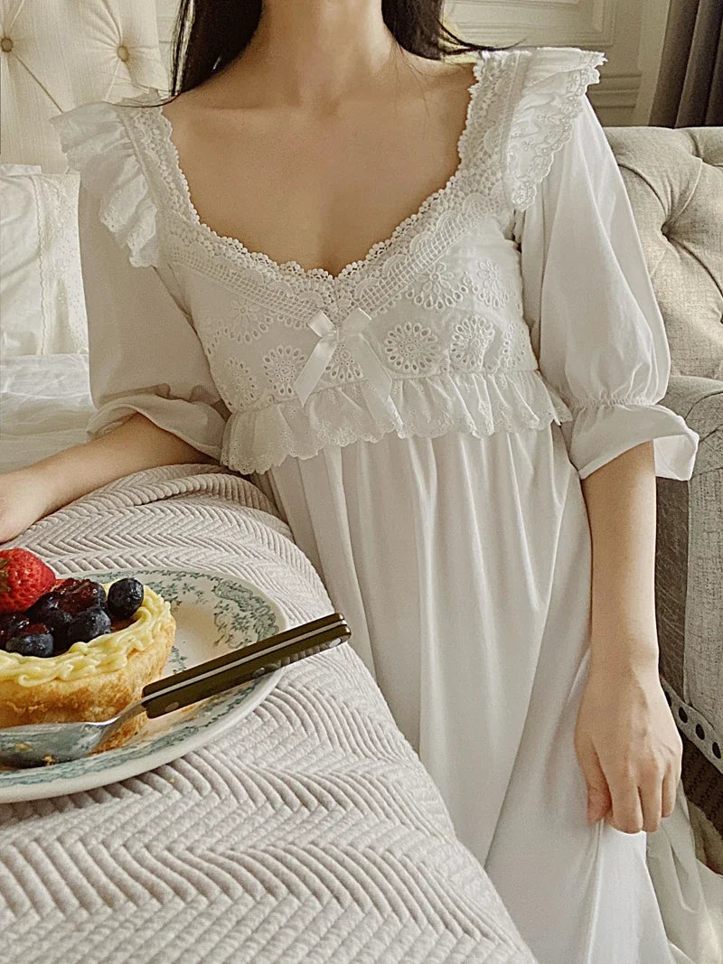 Summer Cotton Women's Sleepwear Antique French Style Lace Nightgown Nightdress