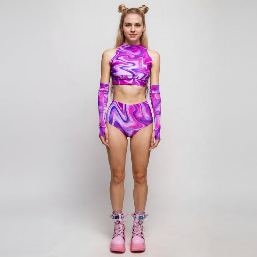 Roller Derby Performance Outfit Women High Neck Crop Set Rave Party Clubwear Printed Bodycon Set