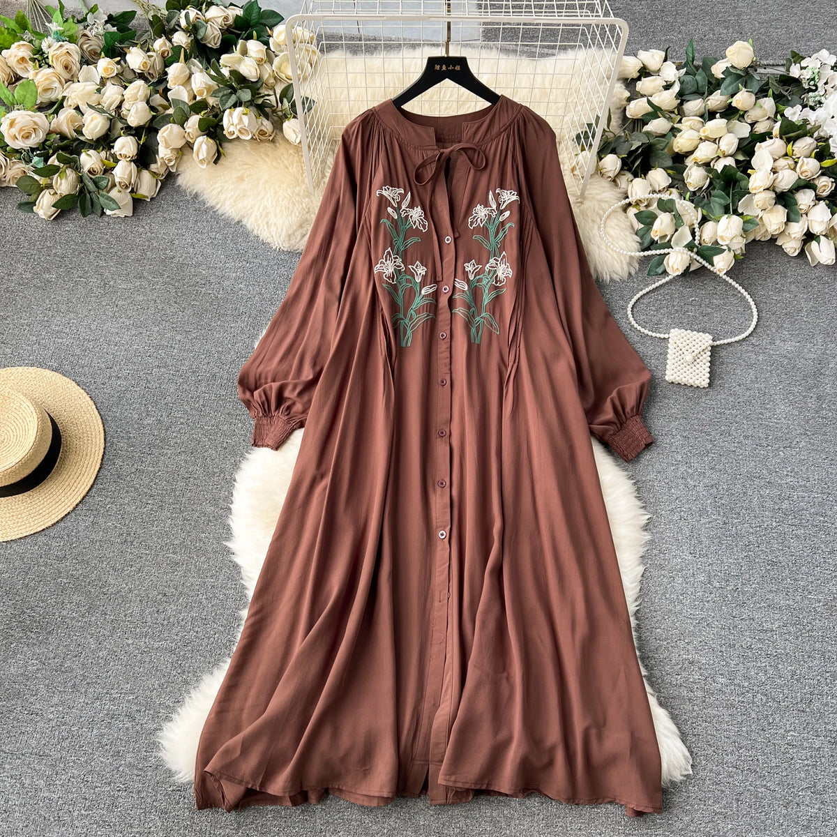 Olive's Embroidered Long Sleeve Shirt Dress