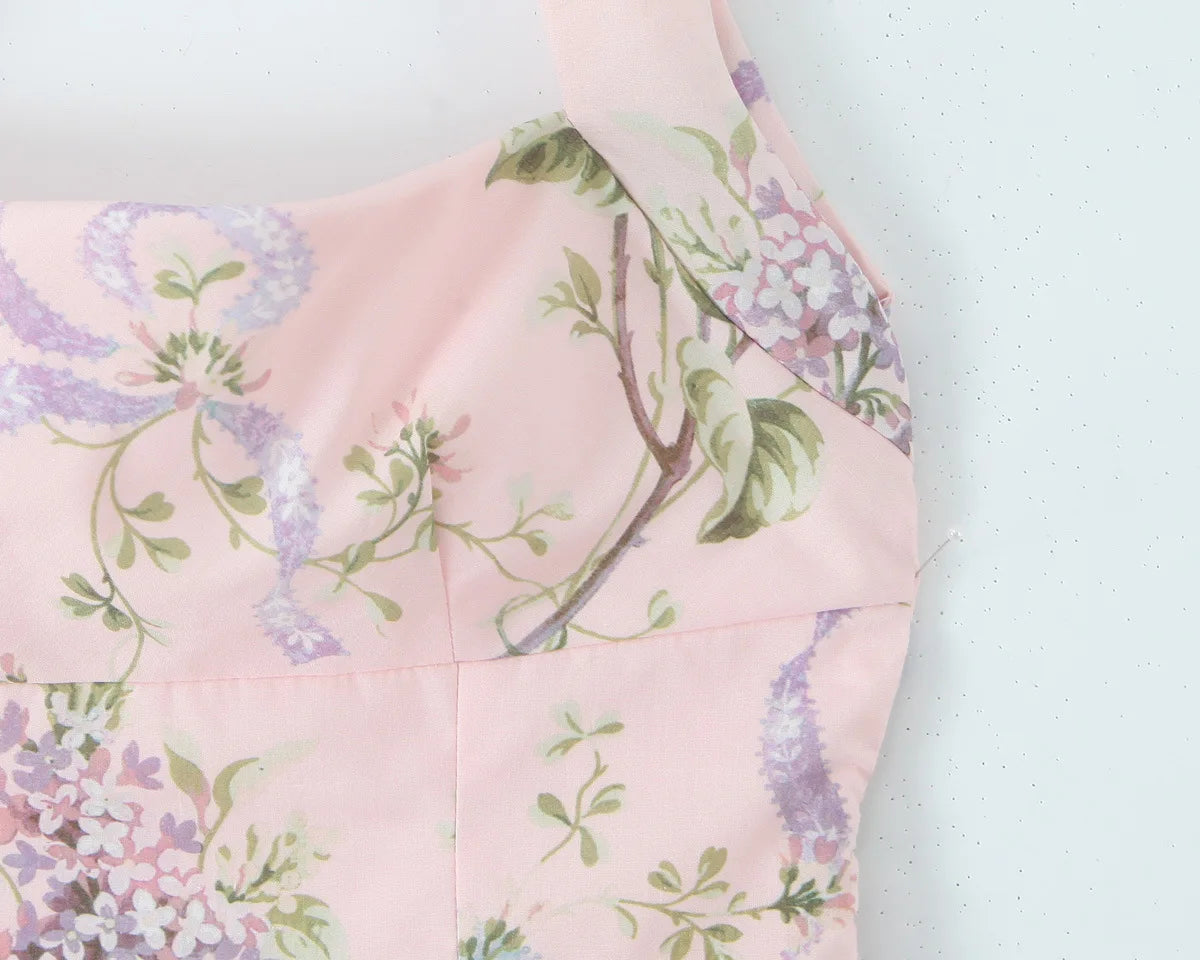 Ceony's Pink Floral Backless Halter Neck Dress