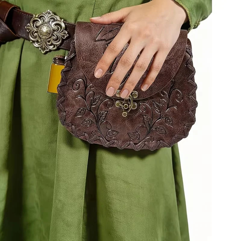 Medieval Leaf-Patterned Embossed PU Leather Waist Bag Forest Belt Pouch Renaissance Costume Accessories Cosplay Props