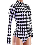 Black White Argyle Print Long Sleeve Bodysuit Retro Cosplay High Neck Swimsuit Music Club Party Performance Costume