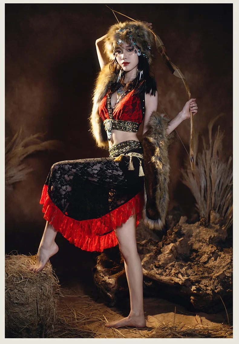 Tribal Fusion Women Belly Dance Costume 2 pieces Top and Hip Scarf