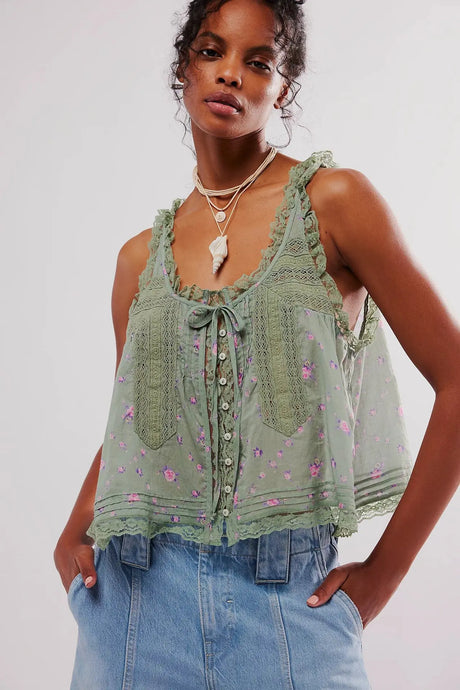 Pip's Summer Cotton Camis Crop Tops Boho Spliced Lace Tank Tops
