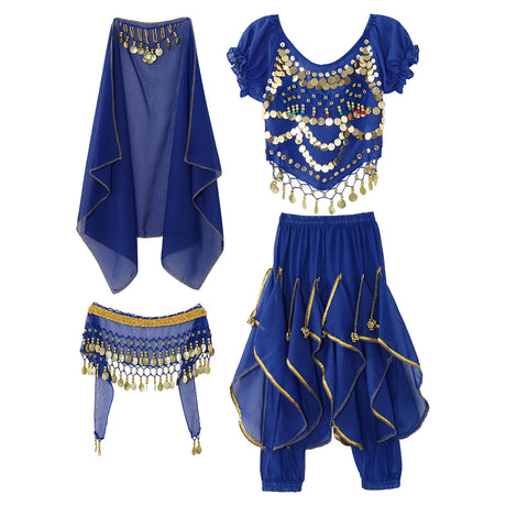 Girls Belly Dance Performance Outfit 4pcs Stage Costume Puff Sleeve Crop Top Ruffled Pants Hip Scarf Headscarf