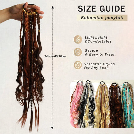 24 Inch Boho Braided Ponytail Beaded Braids With Elastic Hair Tie