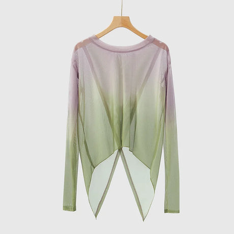 Gradient Gauze Top Dance Practice Top Thumb Finger Hole Long Sleeve Dancewear