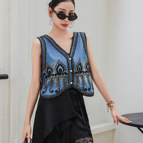 Mardi's Boho Denim Floral Embroidery Vest Top