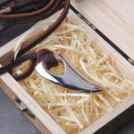 Viking Wolf Fang Stainless Steel Pendant Necklace For Men with Wooden Gift Box