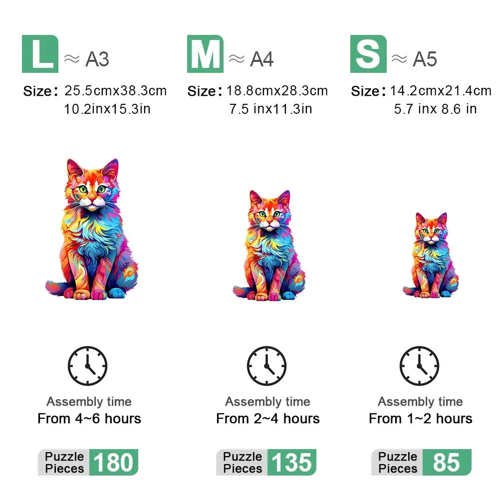 Rainbow Tabby Cat Wooden Jigsaw Puzzle Irregular Shape Pieces
