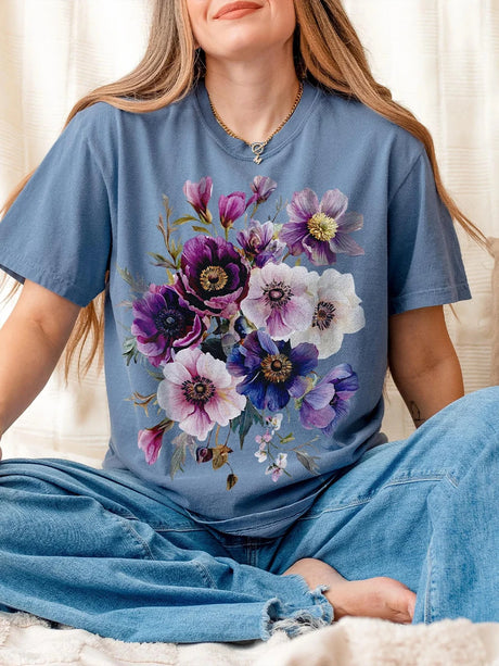 Vintage Pressed Flowers T-Shirt Cottagecore Botanical Purple Floral Cotton Tee