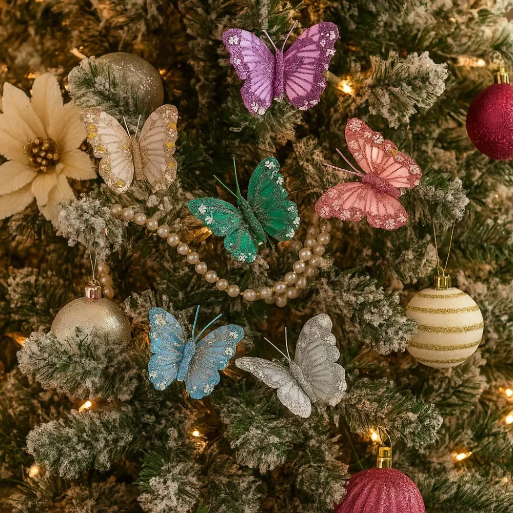Glitter Christmas Butterflies Ornaments Sparkling Christmas Tree Decorations with Clips
