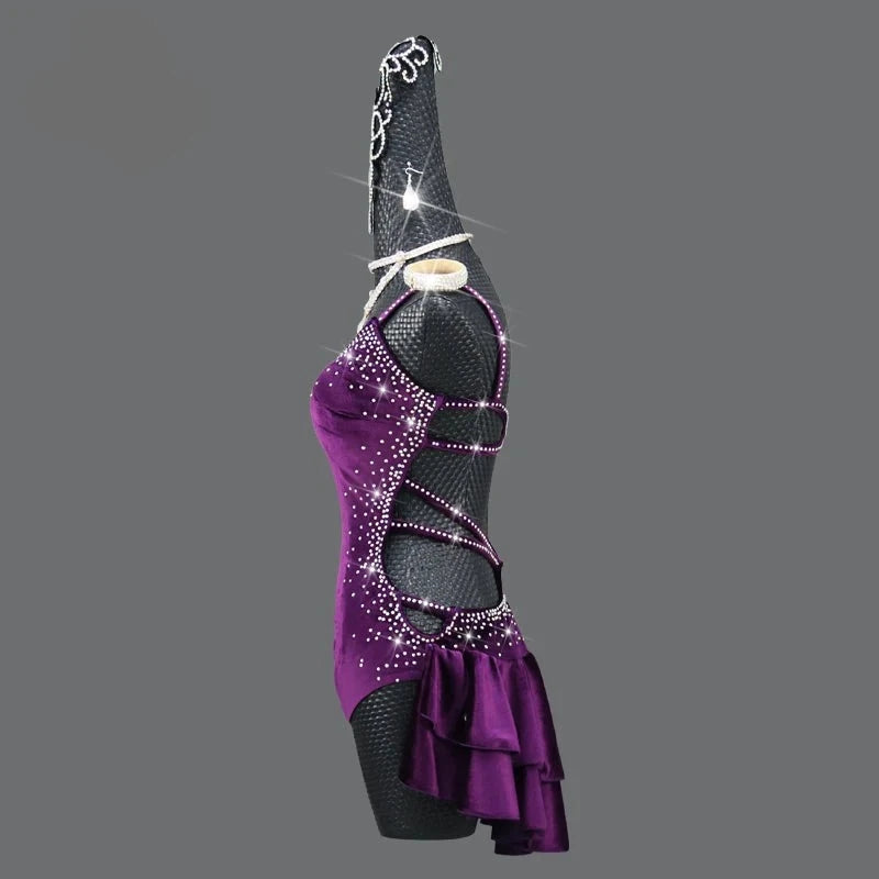 Purple Velvet  Latin Dance Competition Bustle Dress Line Skirts Stage Costume