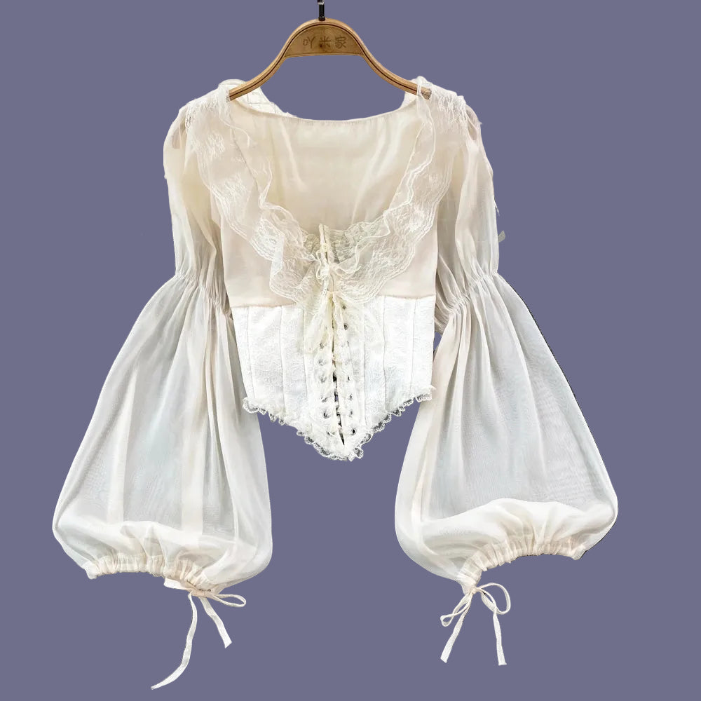 French Court Blouse Chiffon Lace Lace-up Top