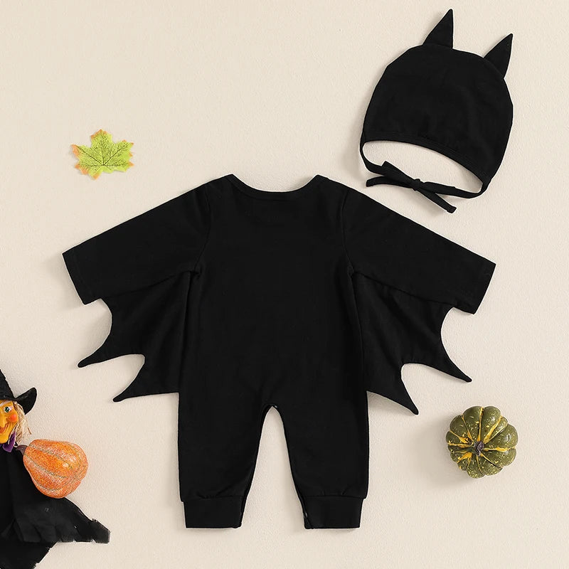 Glow In The Dark Baby Halloween Bat Costumes Long Sleeve Jumpsuit with Hat 0-24M