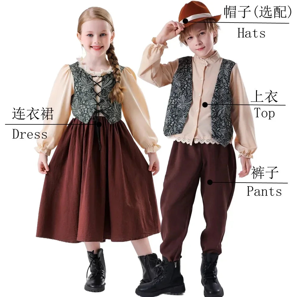 Medieval Peasant Children Cosplay Halloween Stage Performance Costumes