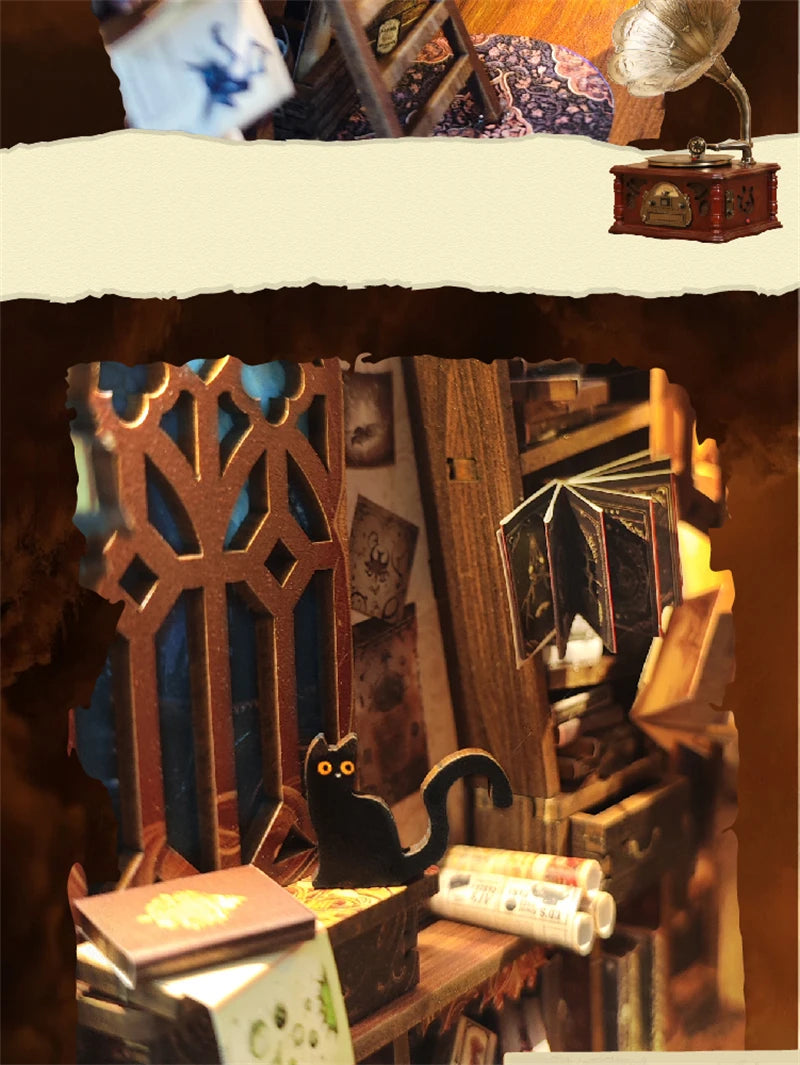 Magic Night Alley DIY Wooden Book Nook Shelf Insert Miniature Building Kits Bookshelf Decor with LED Lights