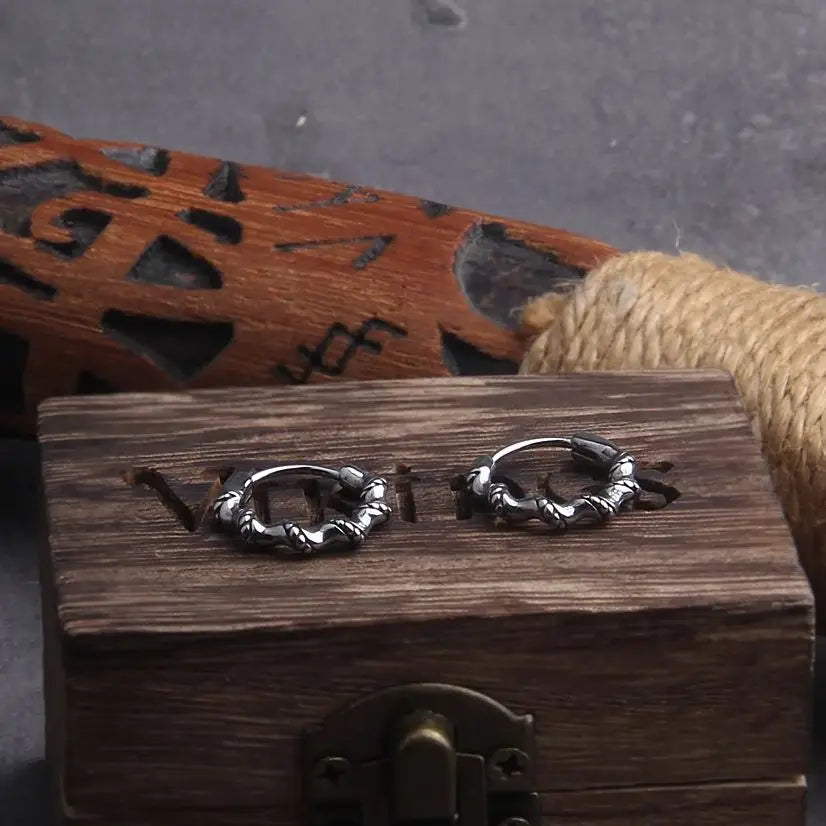Viking Rope Stainless Steel Huggie Hoop Earrings for Men with Wooden Box