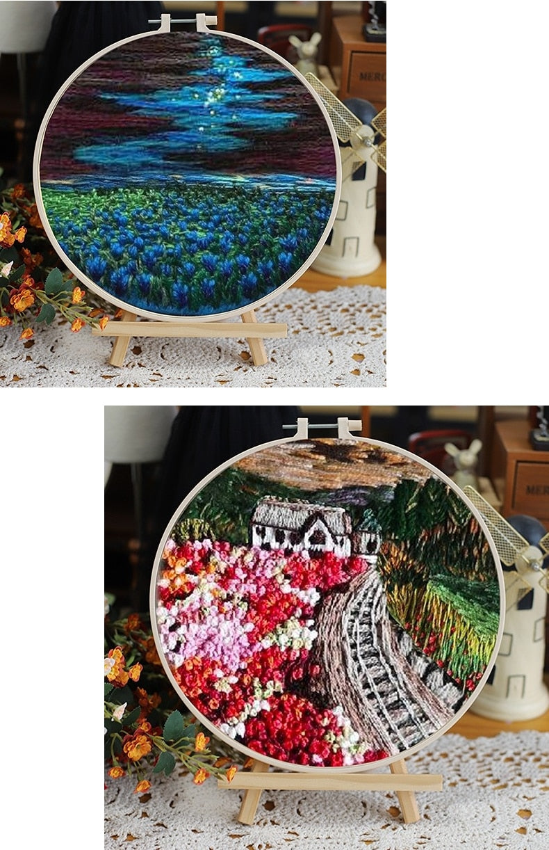 REEWISLY Embroidery Kit for Beginners 4 Sets Hand DIY Cross Stitch Kits 4 Pcs Embroidery Hoop 4 Pcs Plants Flowers Embroidery Patterns and Threads E