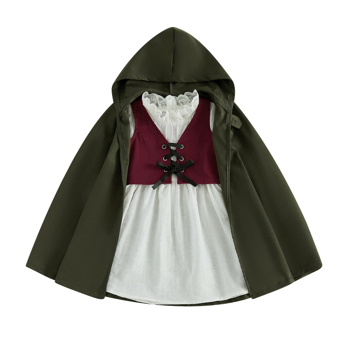 Medieval Woodland Kids Girls Costume Long Sleeve Lace Trim Dress with Vest Cloak Cosplay Outfit Set