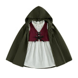 Medieval Woodland Kids Girls Costume Long Sleeve Lace Trim Dress with Vest Cloak Cosplay Outfit Set
