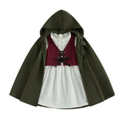 Medieval Woodland Kids Girls Costume Long Sleeve Lace Trim Dress with Vest Cloak Cosplay Outfit Set
