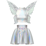 Festival Fairy Cosplay Costume Sleeveless Crop Top, High Waist Flared Skirt And Butterfly Wings Set