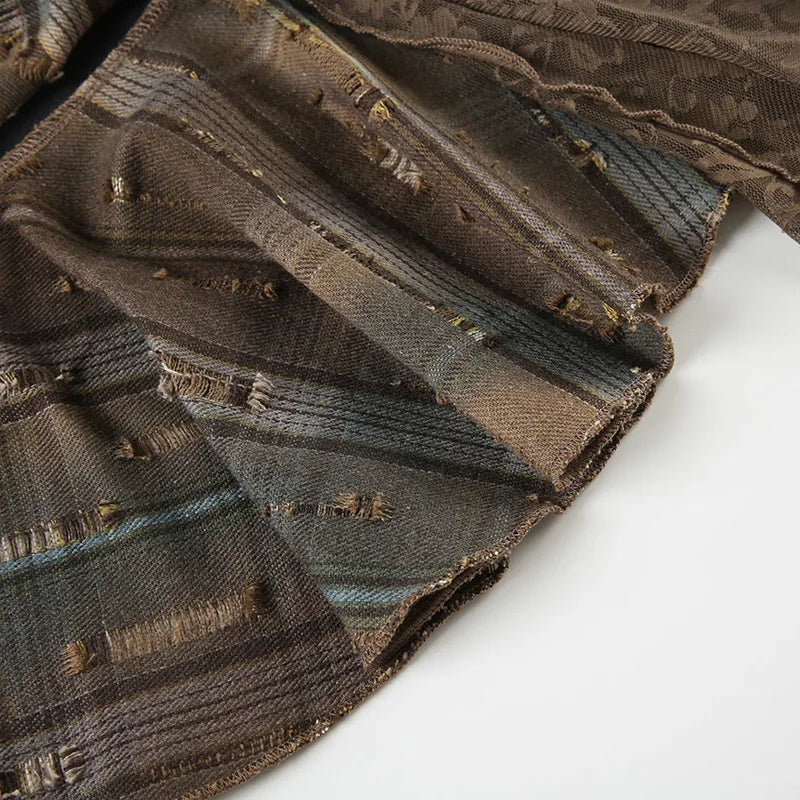 Goblincore Grunge Irregular Spliced Lace Plaid Skirt