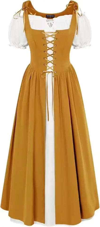 Medieval Cosplay Costume Women Two Layer Lace Up Bodice Dress