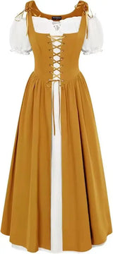 Medieval Cosplay Costume Women Two Layer Lace Up Bodice Dress