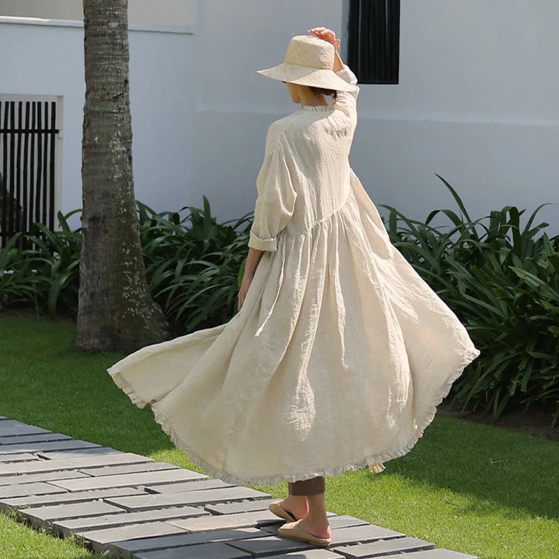 Evie's Vintage French Style Cotton Linen Dress Long Sleeveless Loose Wrap