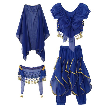 Girls Belly Dance Performance Outfit 4pcs Stage Costume Puff Sleeve Crop Top Ruffled Pants Hip Scarf Headscarf